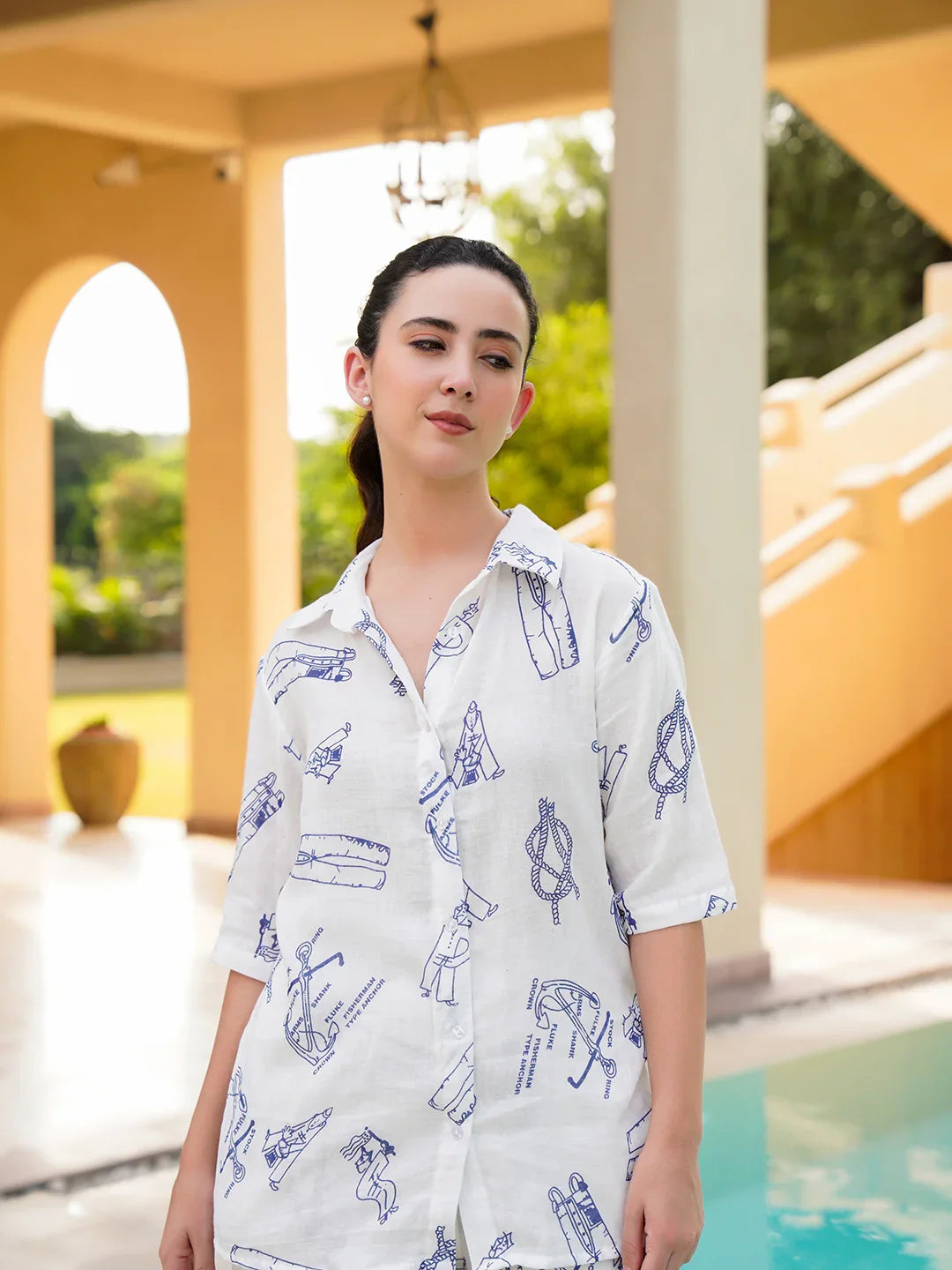 White Shirt Collar Pure Cotton Abstract Night Suit for Women - SanskrutiHomes