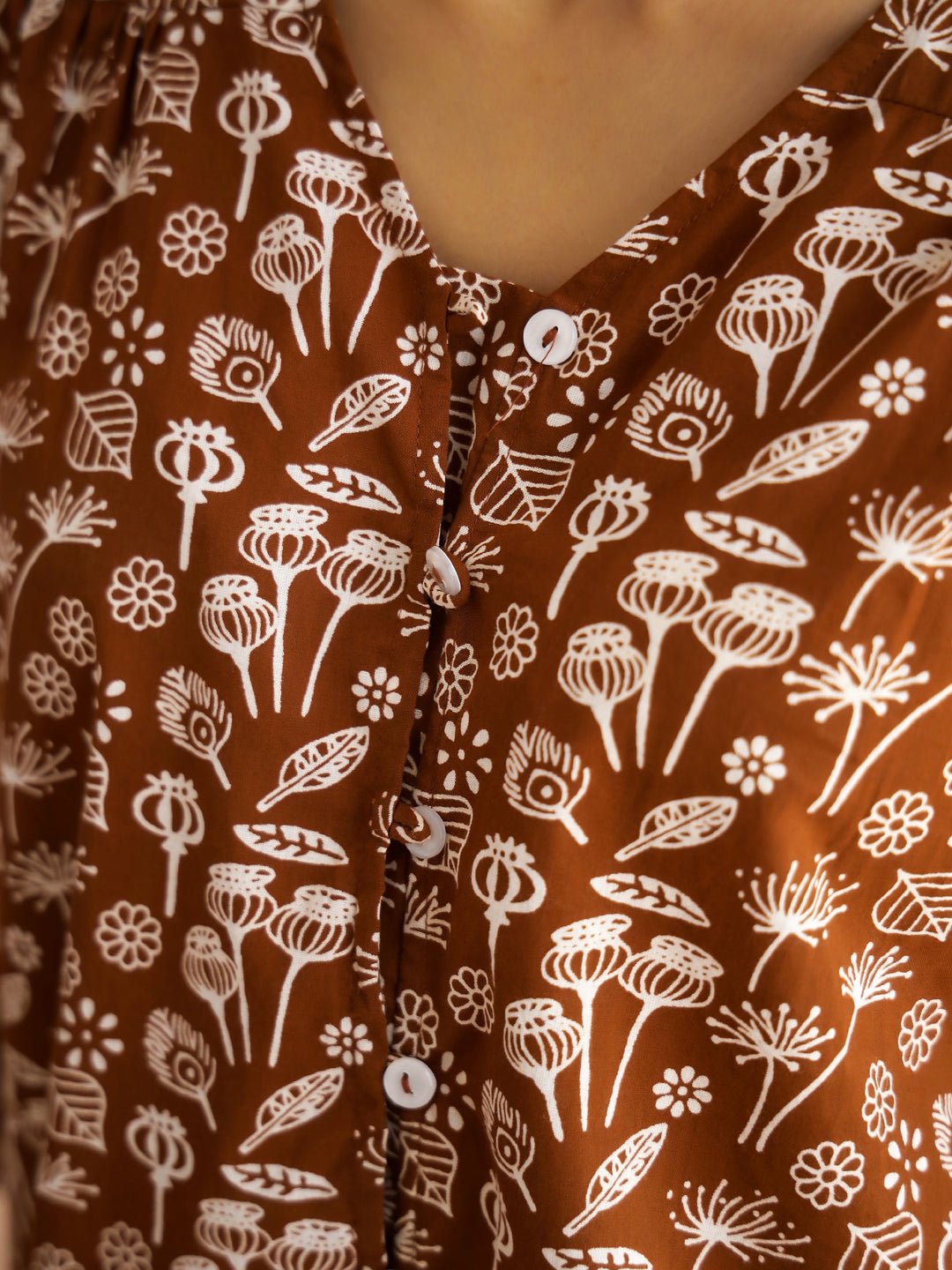 Brown V-Neck Pure Cotton Printed Floral Night Suit for Women