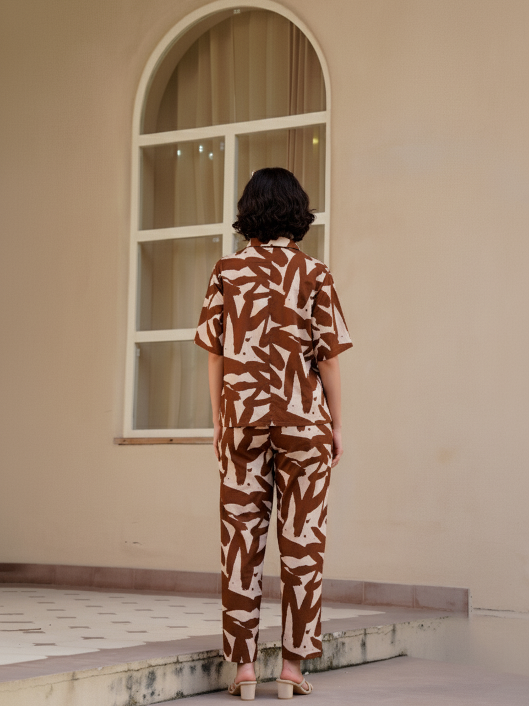 Coffee Brown Shirt Collar Pure Cotton Abstract Night Suit for Women