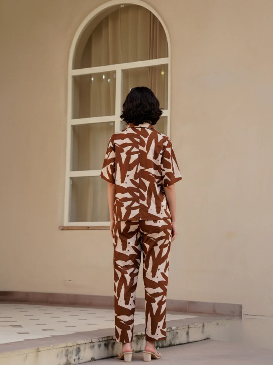 Coffee Brown Shirt Collar Pure Cotton Abstract Night Suit for Women - SanskrutiHomes