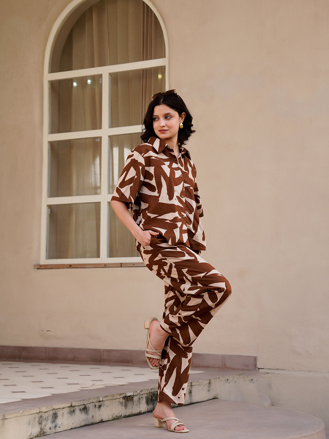 Coffee Brown Shirt Collar Pure Cotton Abstract Night Suit for Women