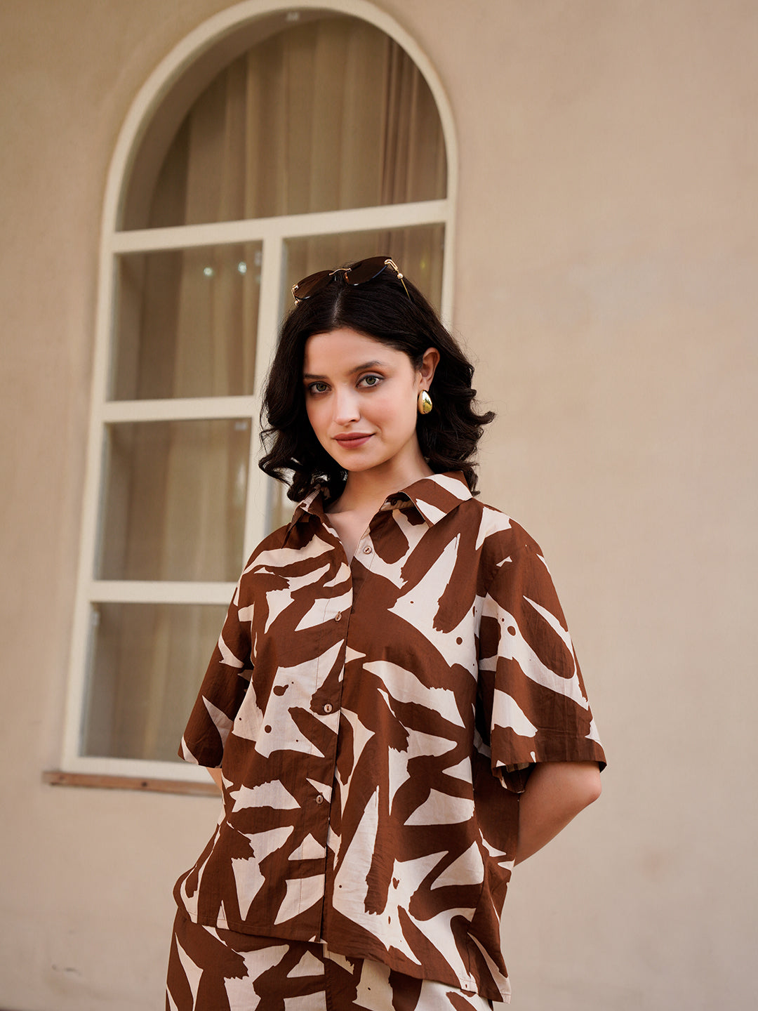 Coffee Brown Shirt Collar Pure Cotton Abstract Night Suit for Women
