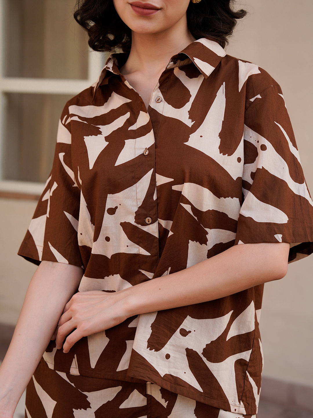 Coffee Brown Shirt Collar Pure Cotton Abstract Night Suit for Women