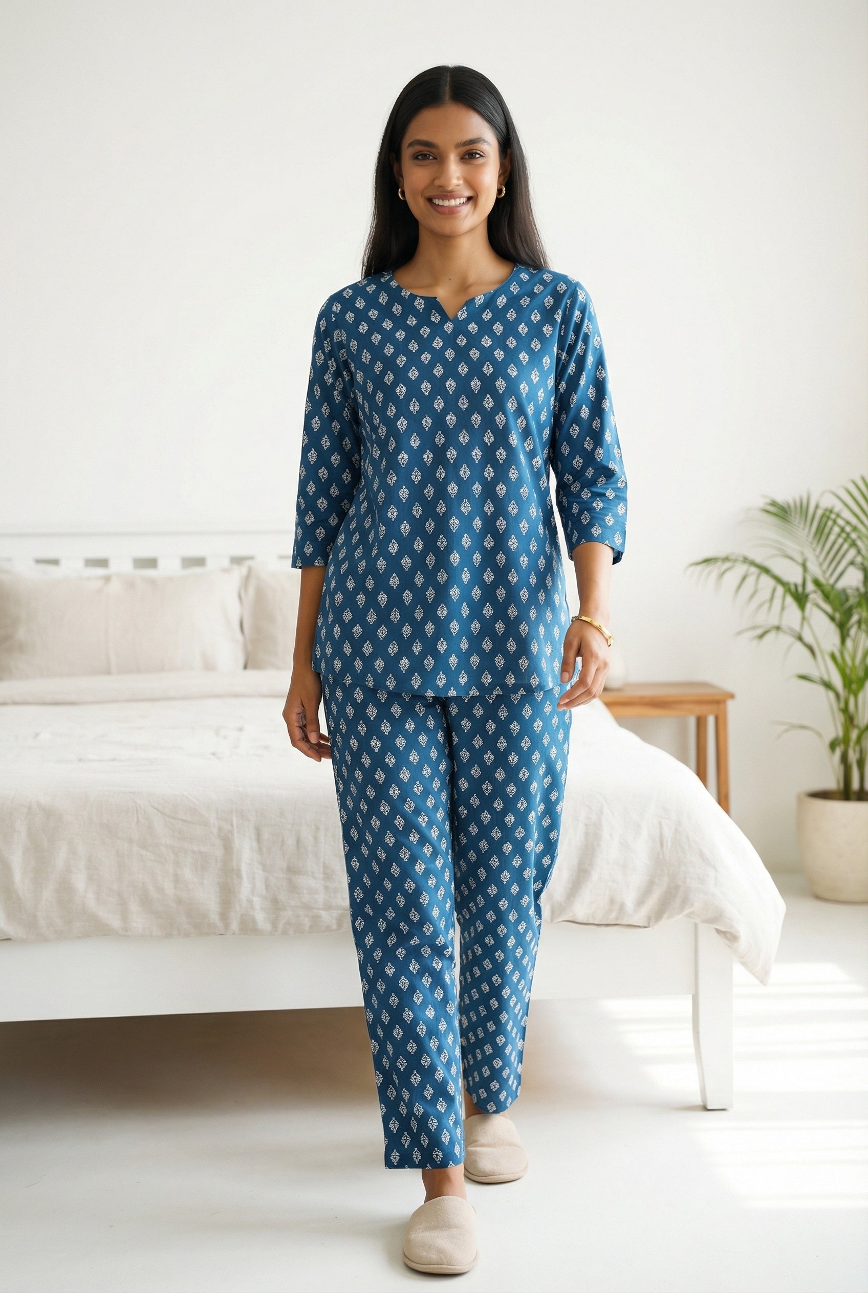 Blue Round Neck Print Ethnic Motifs Night Suit For Women