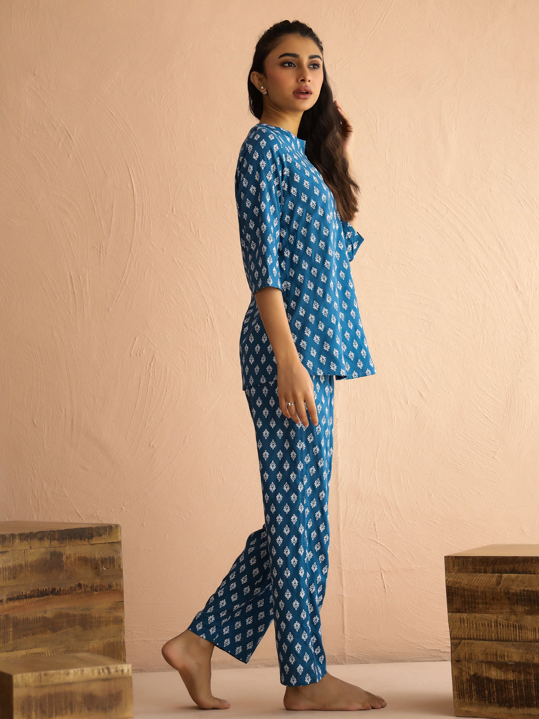 Blue Round Neck Viscose Rayon Printed Ethnic Motifs Night Suit for Women