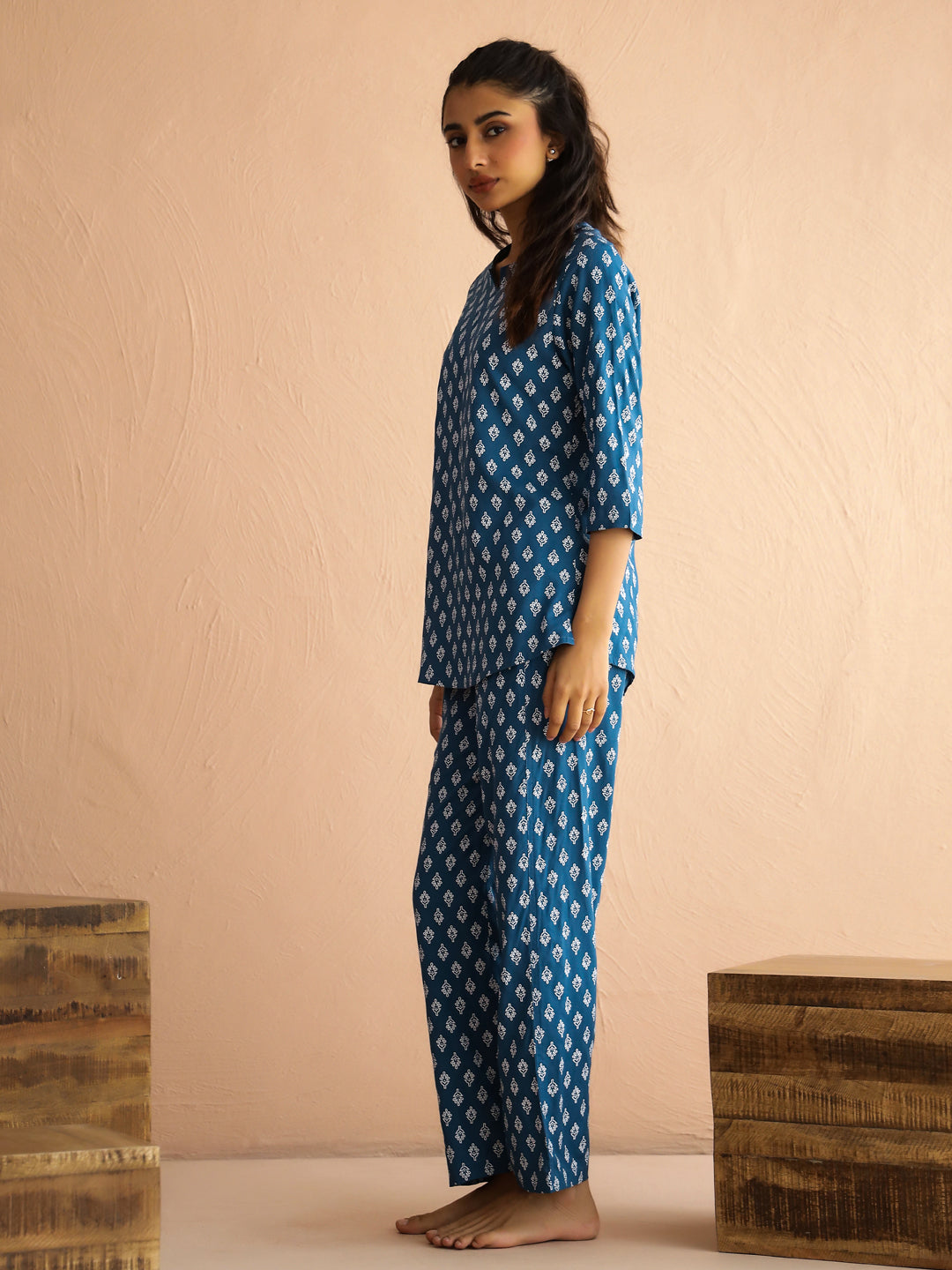 Blue Round Neck Viscose Rayon Printed Ethnic Motifs Night Suit for Women