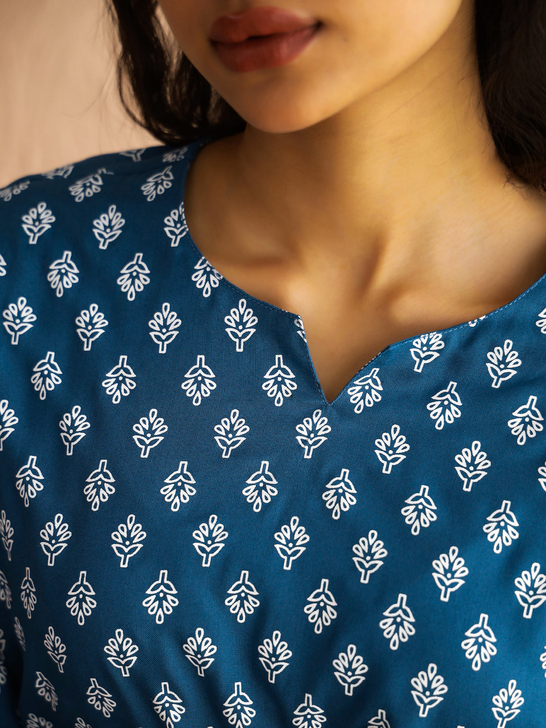 Blue Round Neck Viscose Rayon Printed Ethnic Motifs Night Suit for Women