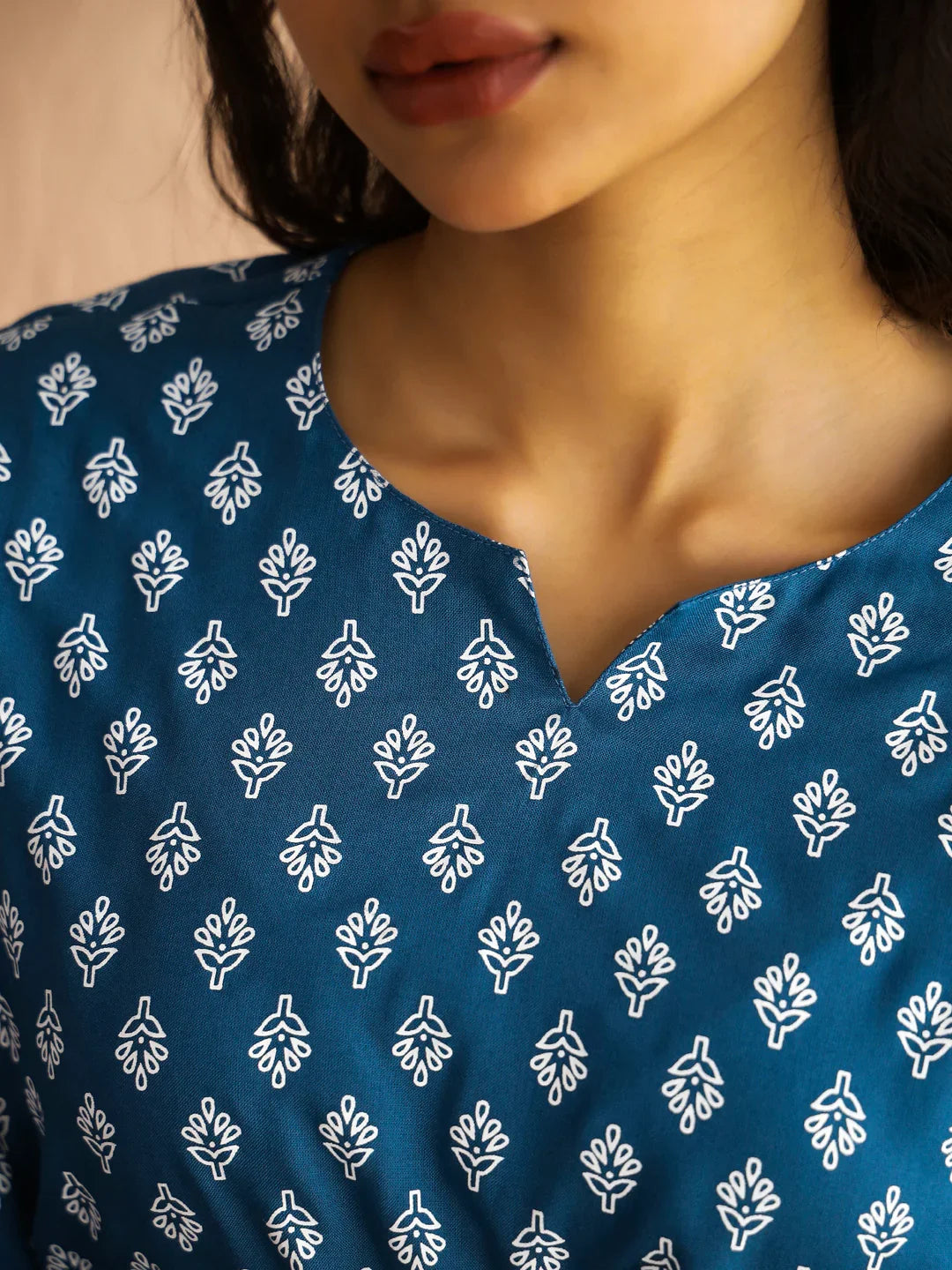 Blue Round Neck Viscose Rayon Printed Ethnic Motifs Night Suit for Women - SanskrutiHomes