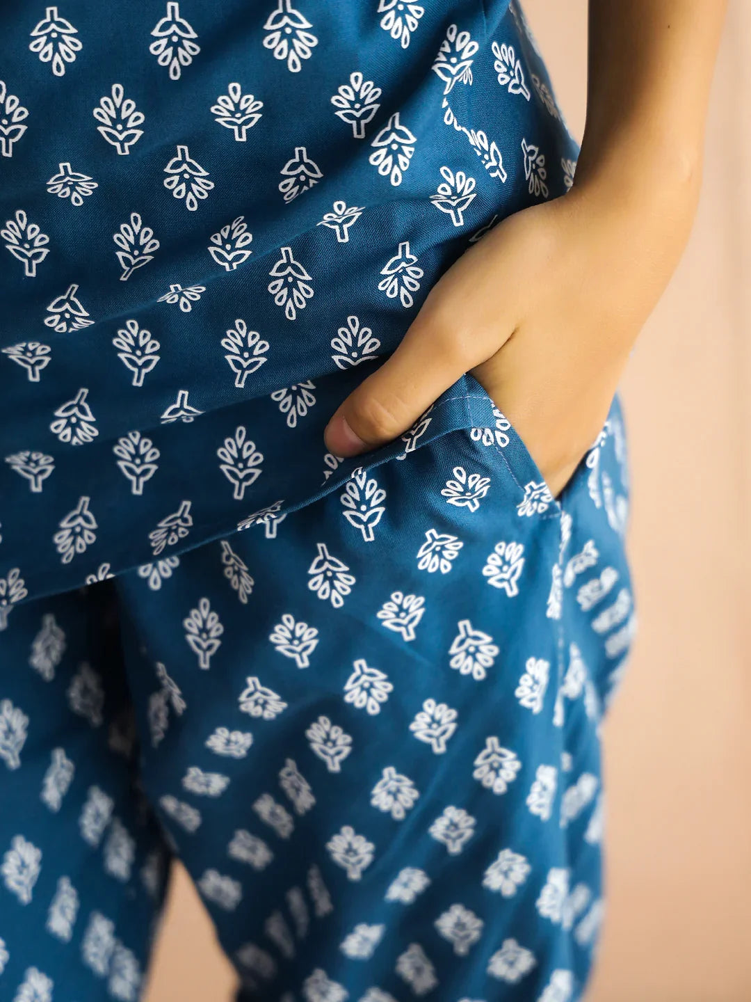 Blue Round Neck Viscose Rayon Printed Ethnic Motifs Night Suit for Women - SanskrutiHomes