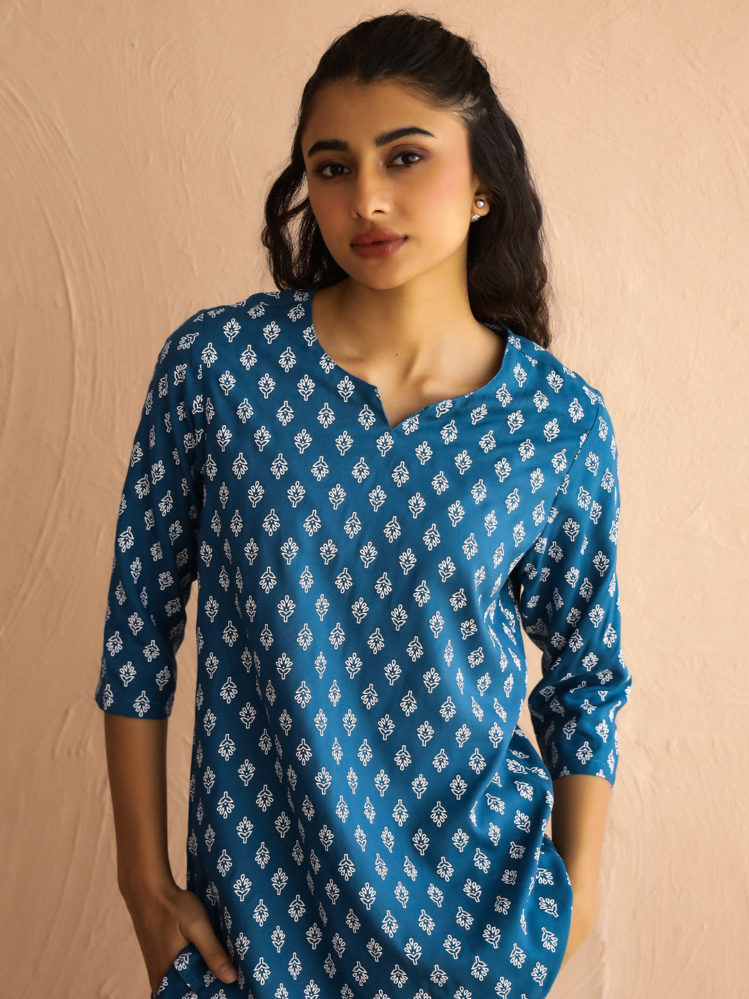 Blue Round Neck Viscose Rayon Printed Ethnic Motifs Night Suit for Women