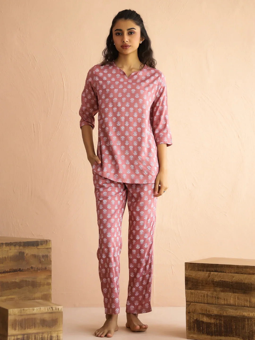 Mauve Round Neck Viscose Rayon Printed Ethnic Motifs Night Suit for Women - SanskrutiHomes
