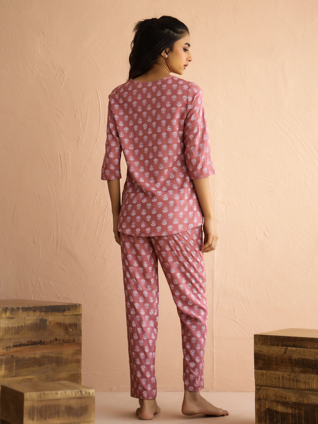 Mauve Round Neck Viscose Rayon Printed Ethnic Motifs Night Suit for Women