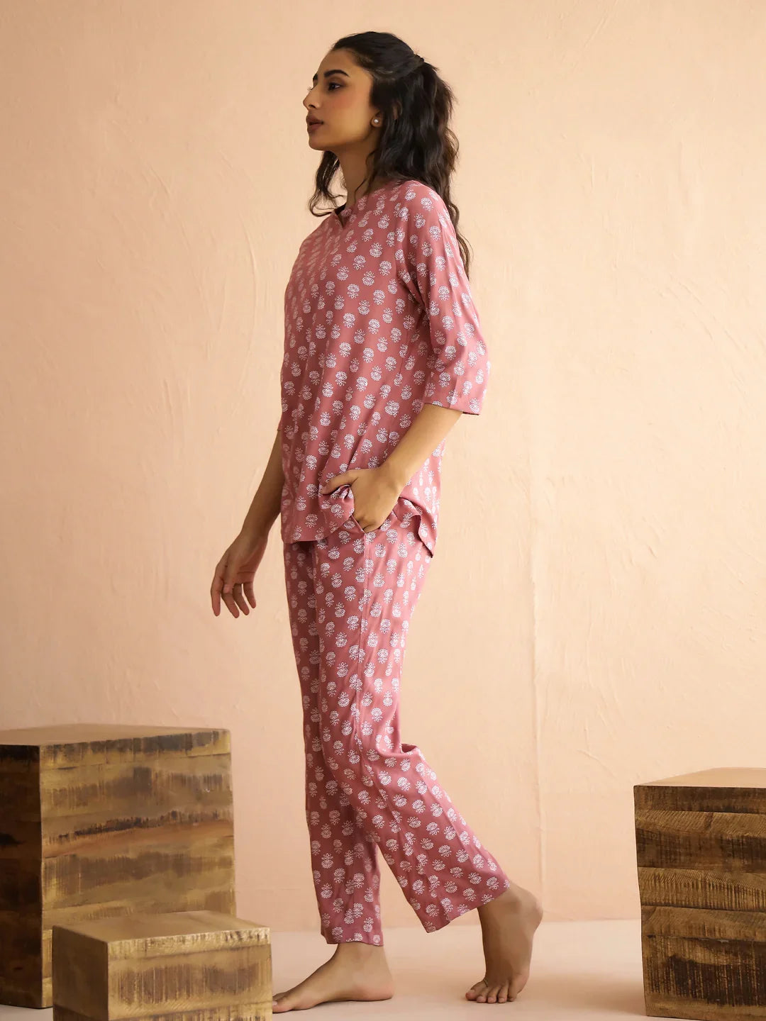 Mauve Round Neck Viscose Rayon Printed Ethnic Motifs Night Suit for Women - SanskrutiHomes