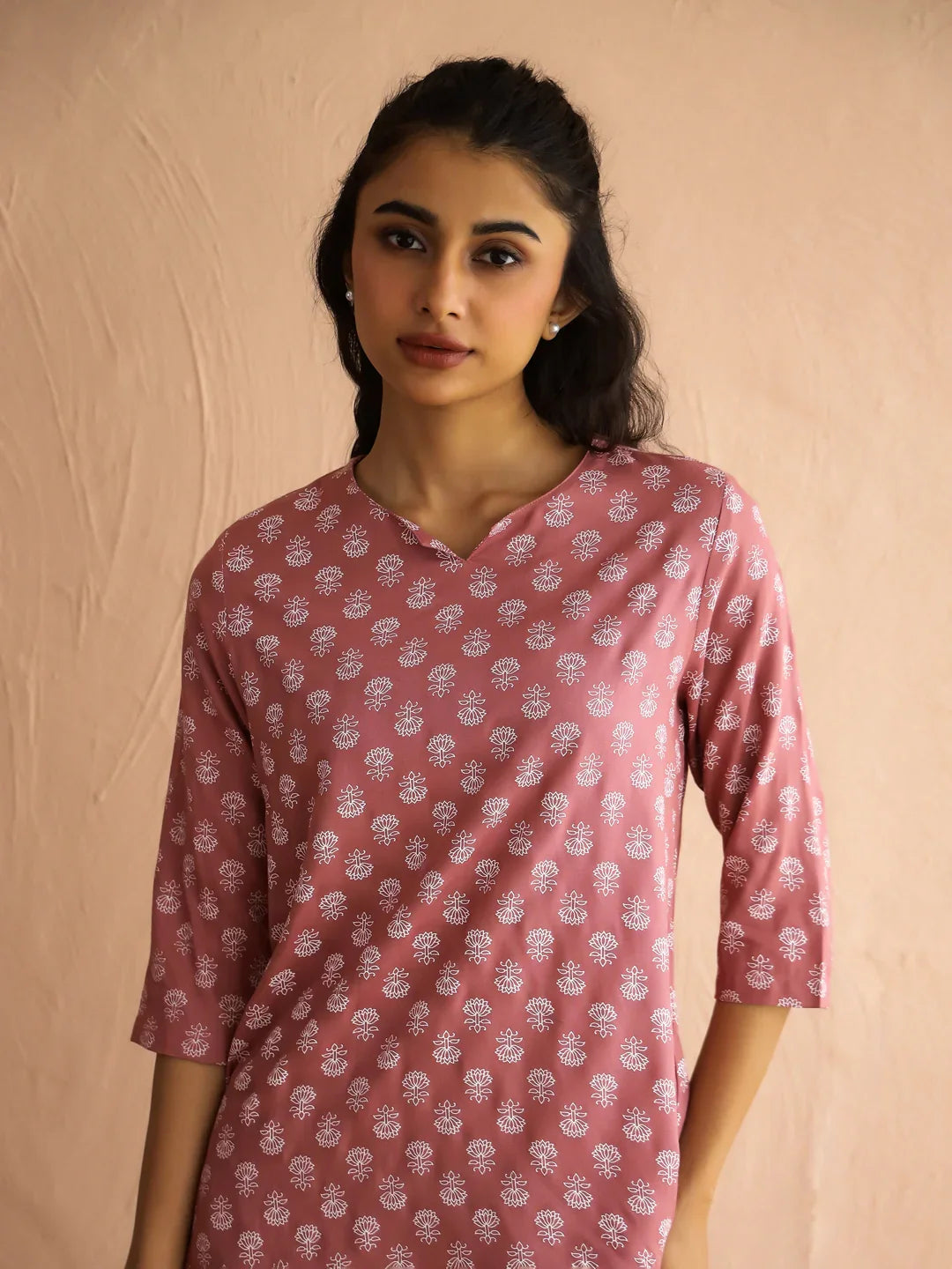 Mauve Round Neck Viscose Rayon Printed Ethnic Motifs Night Suit for Women - SanskrutiHomes
