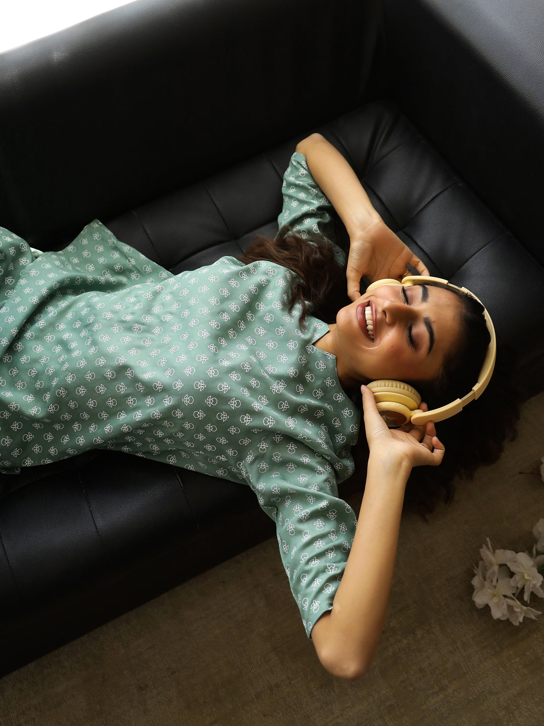 Sea Green Round Neck Viscose Rayon Ethnic Motifs Printed Night Suit for Women
