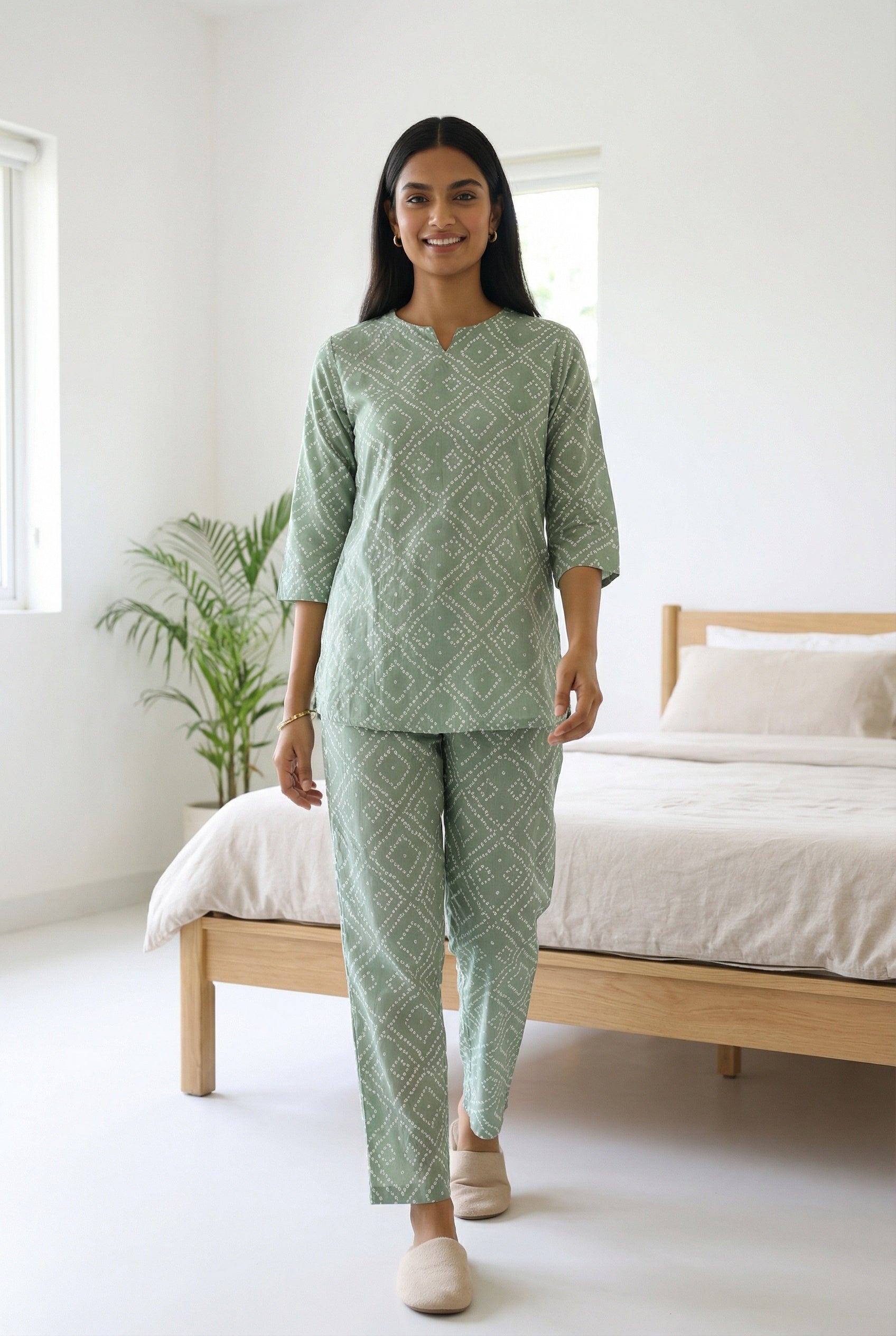 Sea Green Ethnic Motif Round Neck Night Suit For Women
