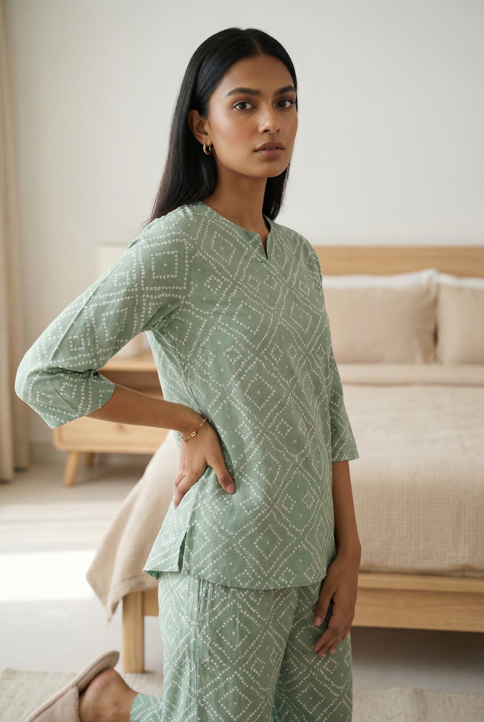 Sea Green Ethnic Motif Round Neck Night Suit For Women