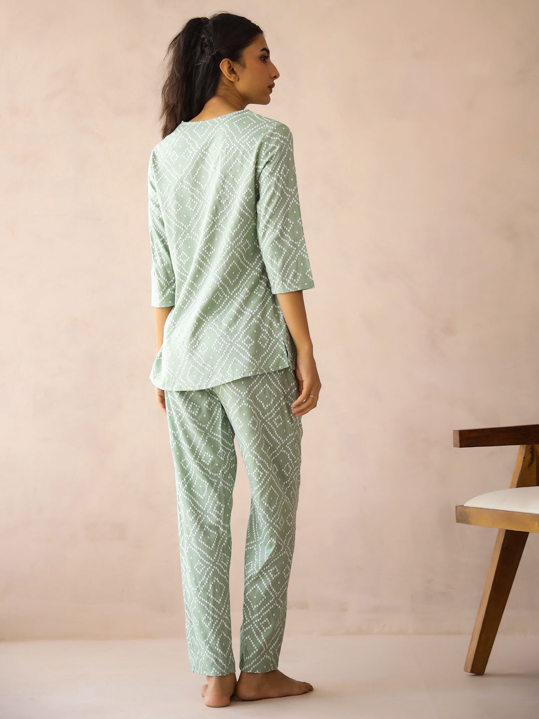 Sea Green Round Neck Viscose Rayon Printed Ethnic Motifs Night Suit for Women