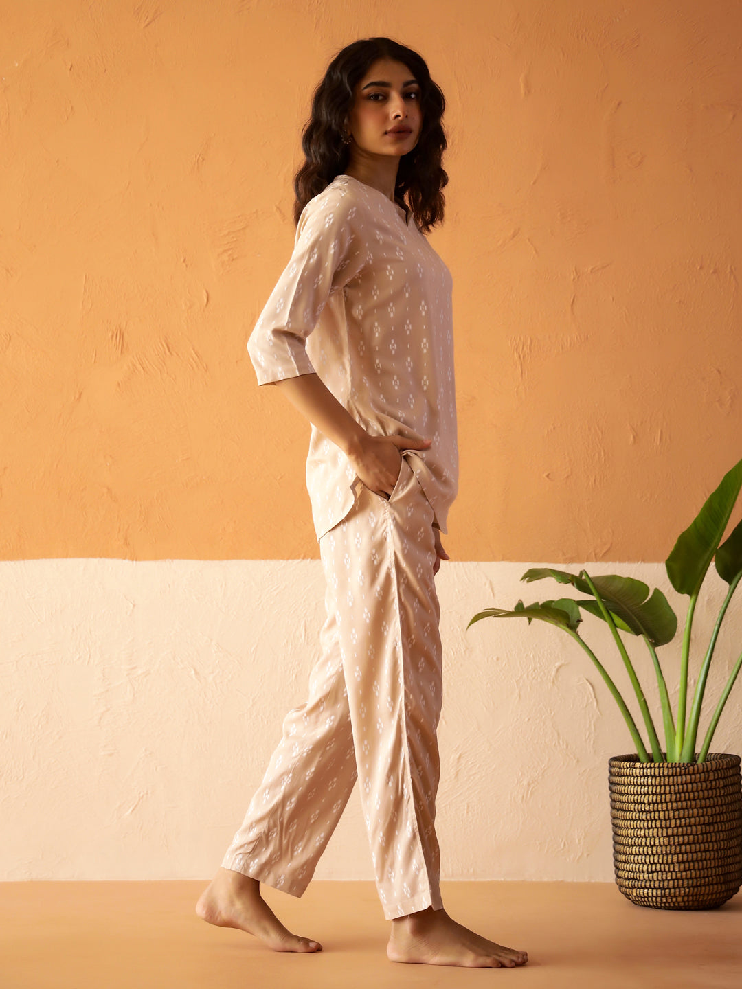 Cream Round Neck Viscose Rayon Printed Ethnic Motifs Night Suit for Women