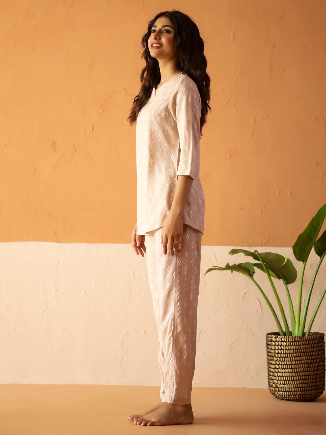 Cream Round Neck Viscose Rayon Printed Ethnic Motifs Night Suit for Women