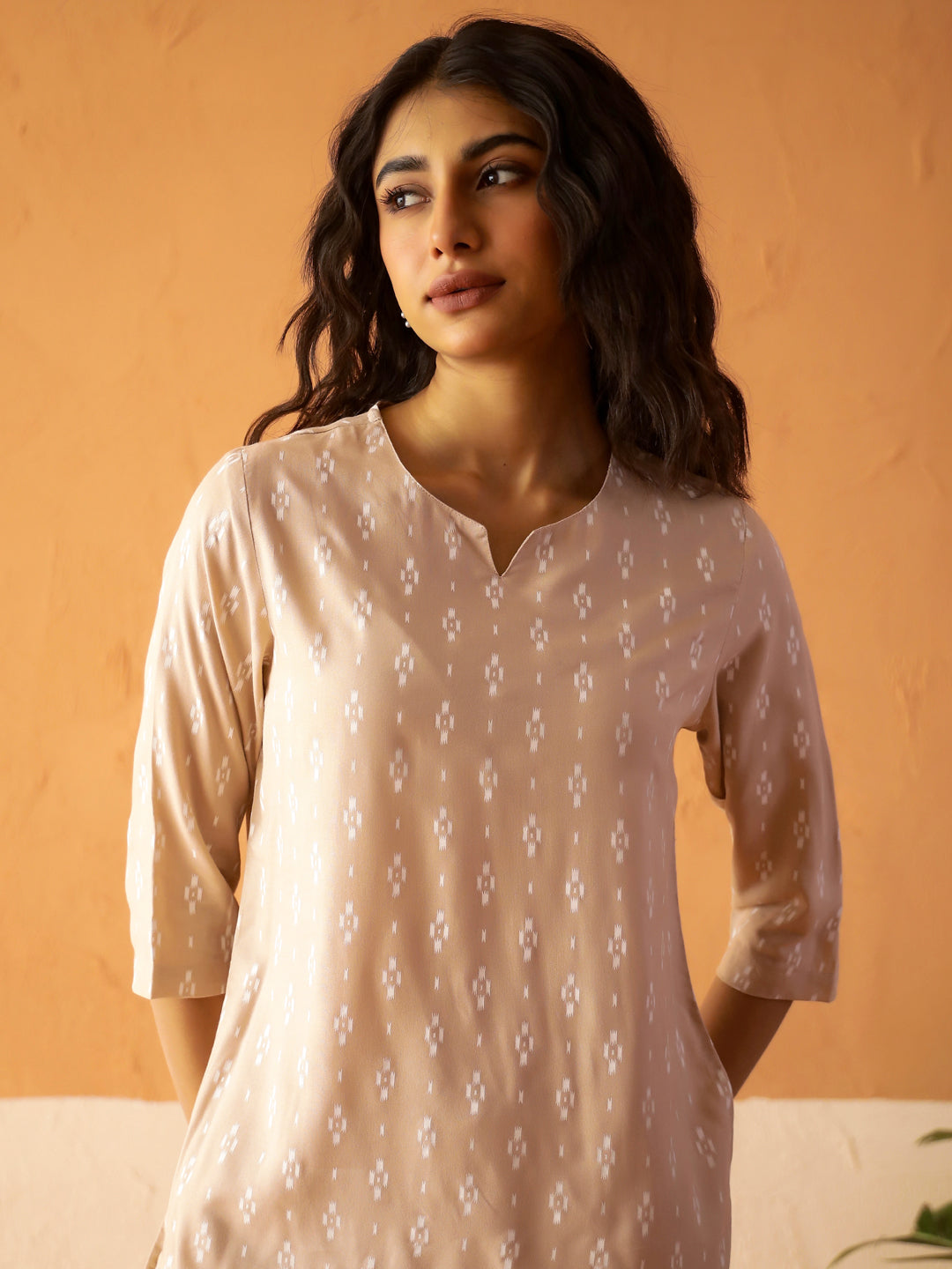Cream Round Neck Viscose Rayon Printed Ethnic Motifs Night Suit for Women