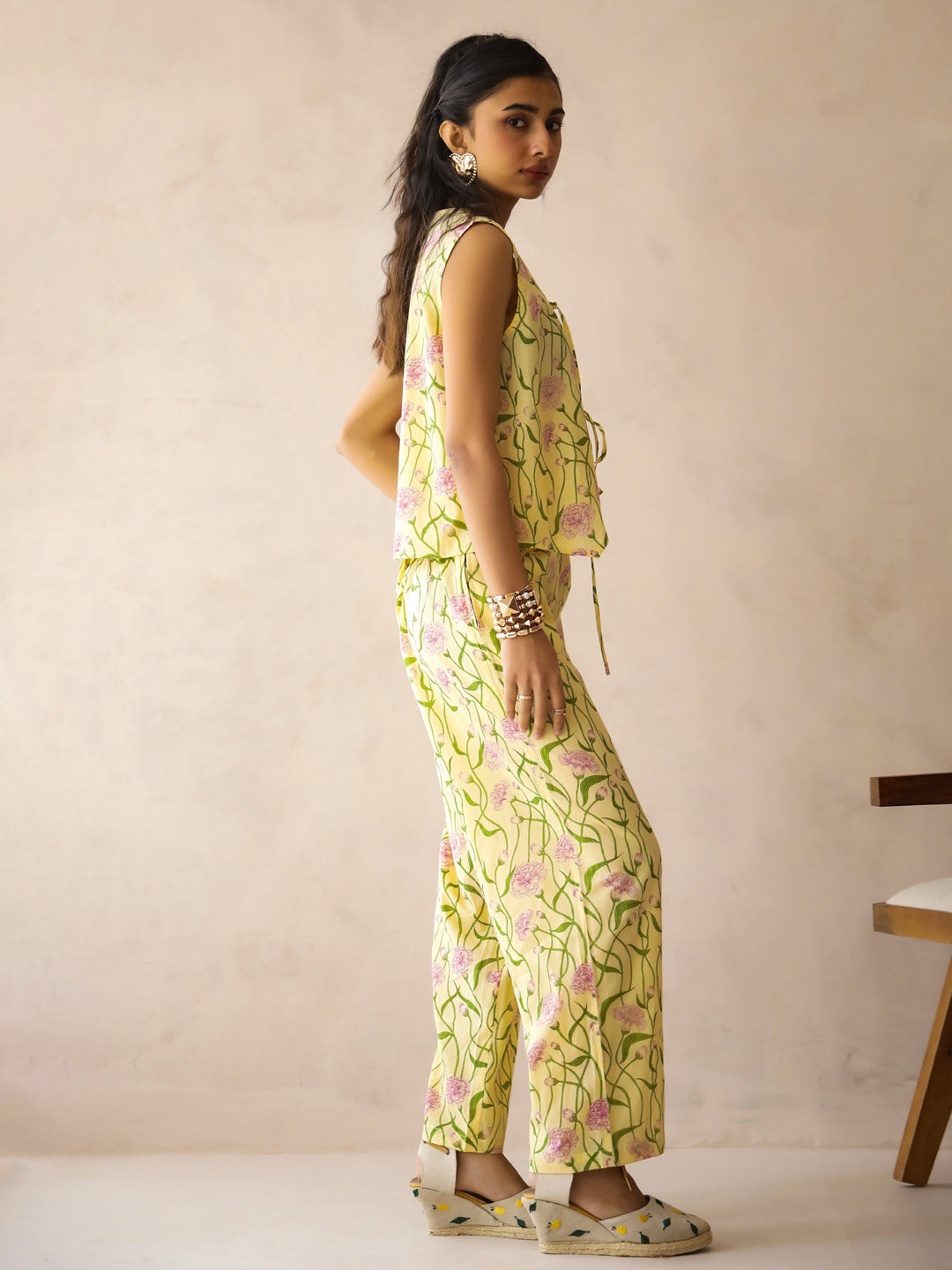 Yellow V-Neck Pure Cotton Printed Floral Night Suit for Women