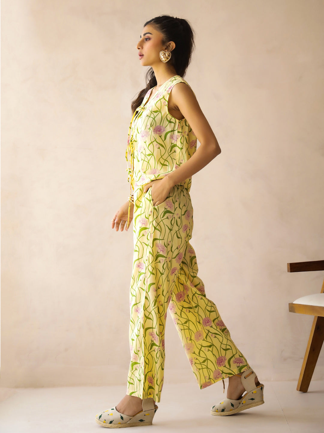 Yellow V-Neck Pure Cotton Printed Floral Night Suit for Women