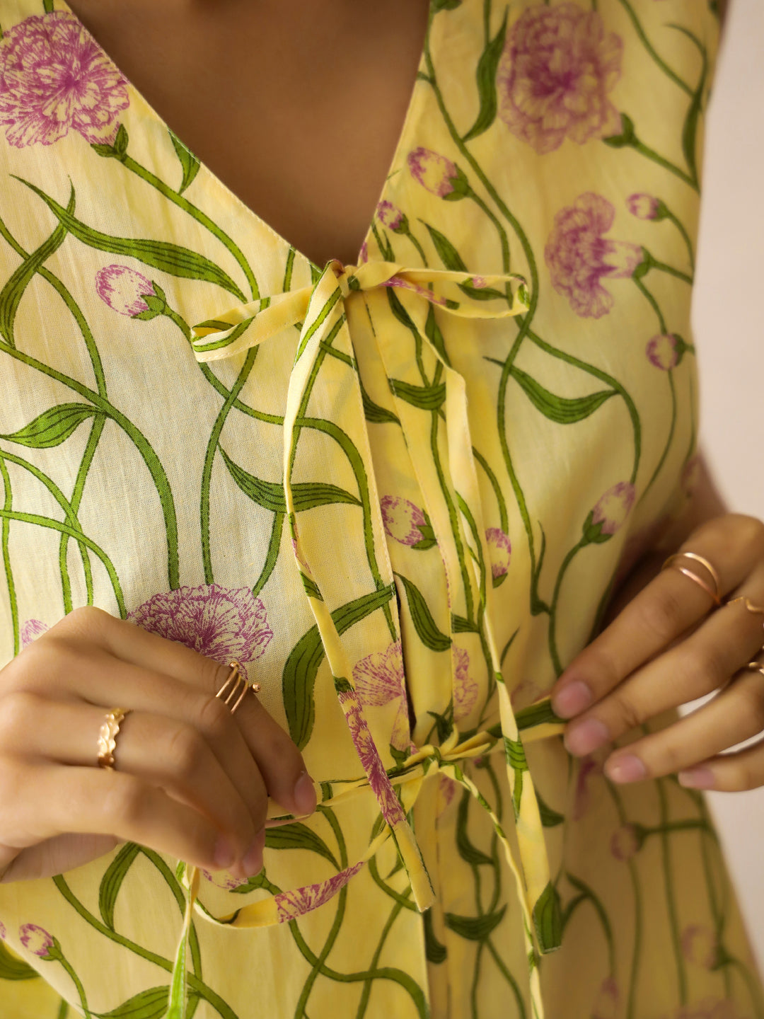 Yellow V-Neck Pure Cotton Printed Floral Night Suit for Women