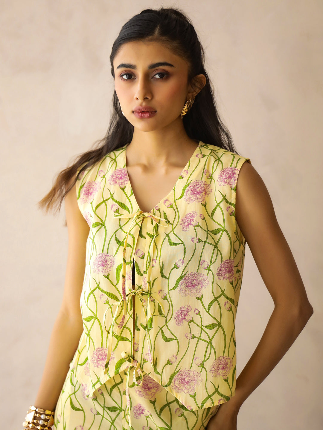 Yellow V-Neck Pure Cotton Printed Floral Night Suit for Women