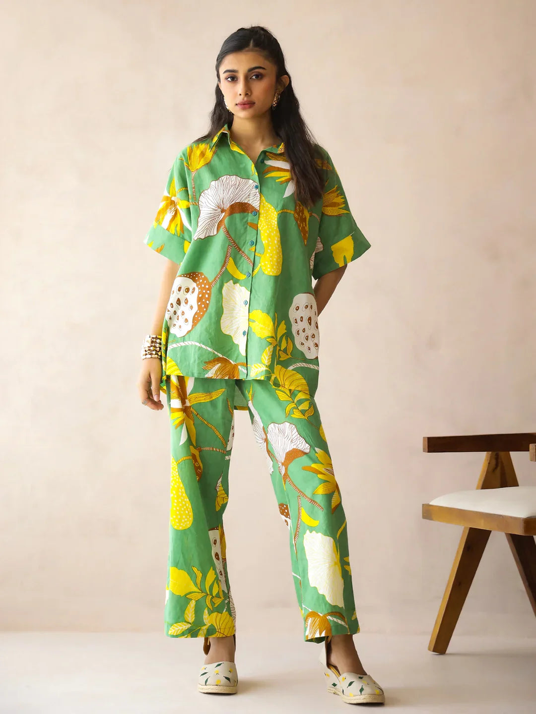 Green Shirt Collar Pure Cotton Printed Floral Night Suit for Women - SanskrutiHomes