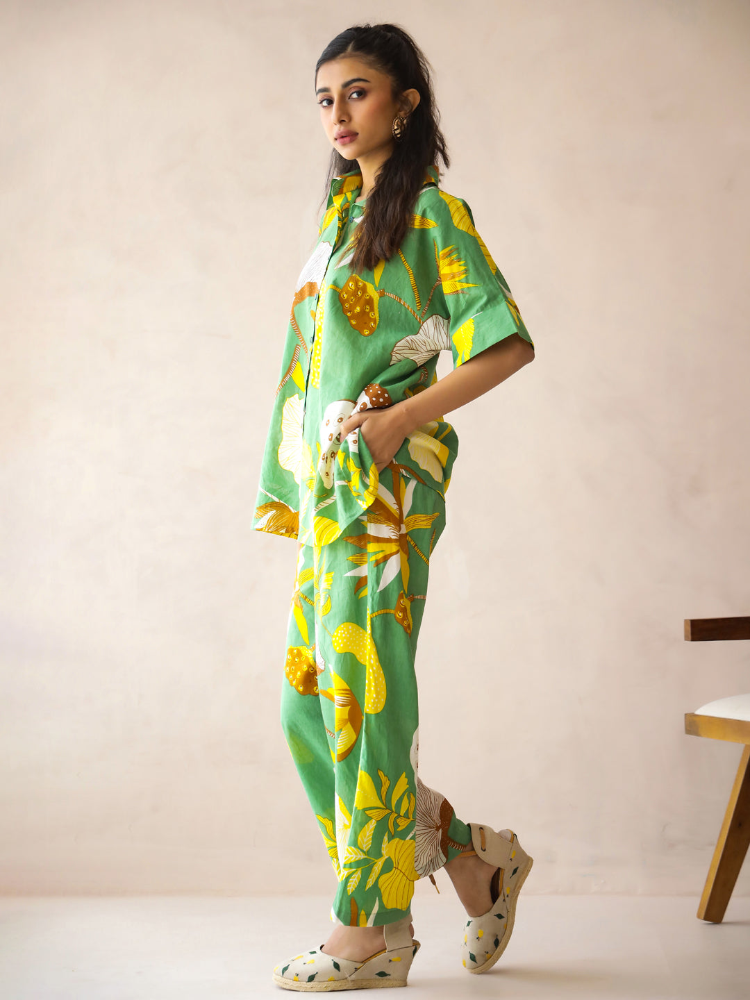 Green Shirt Collar Pure Cotton Printed Floral Night Suit for Women