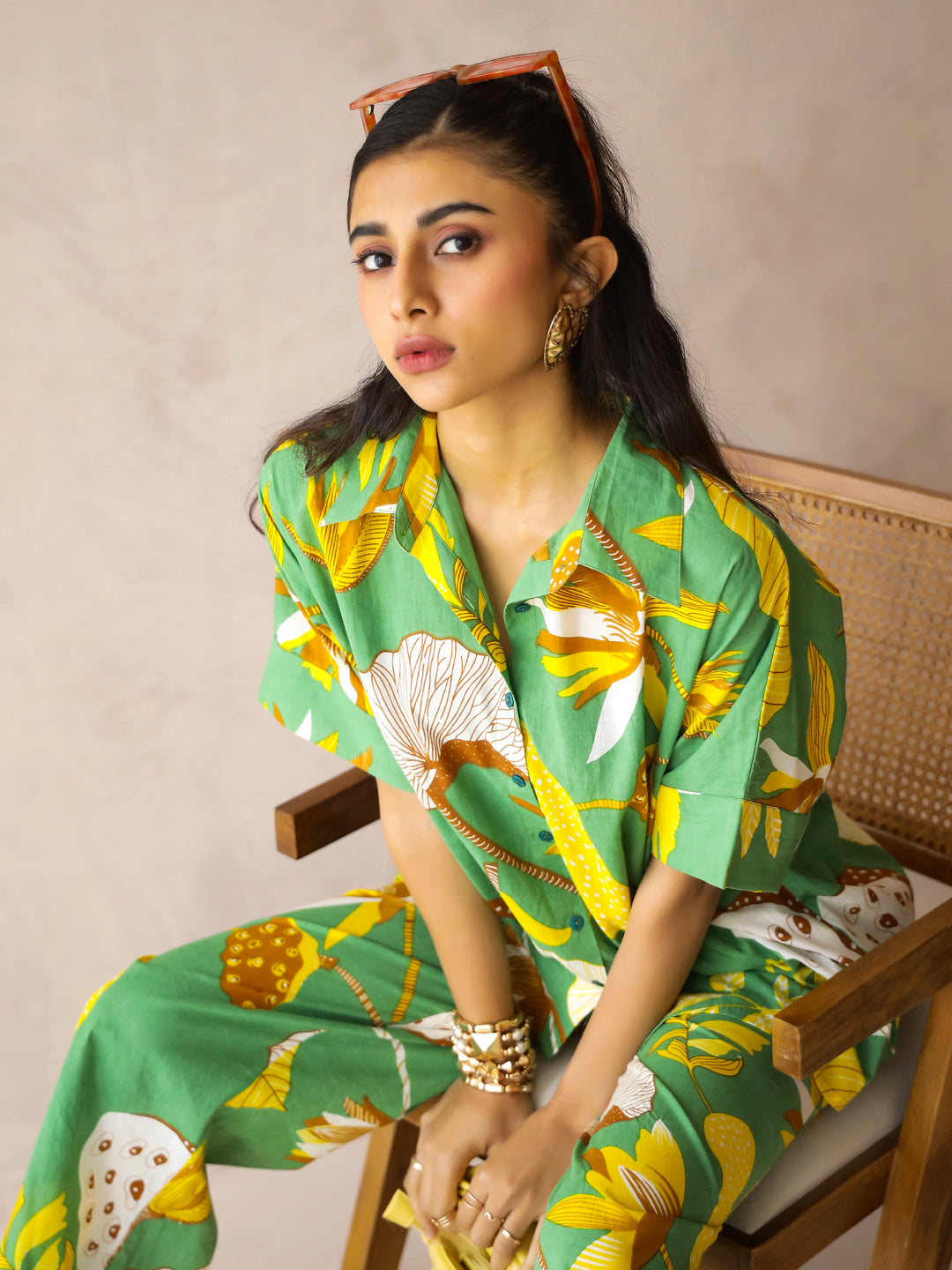 Green Shirt Collar Pure Cotton Printed Floral Night Suit for Women