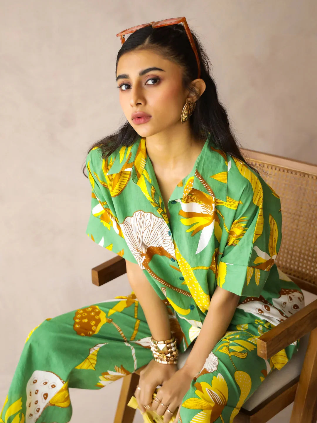 Green Shirt Collar Pure Cotton Printed Floral Night Suit for Women - SanskrutiHomes