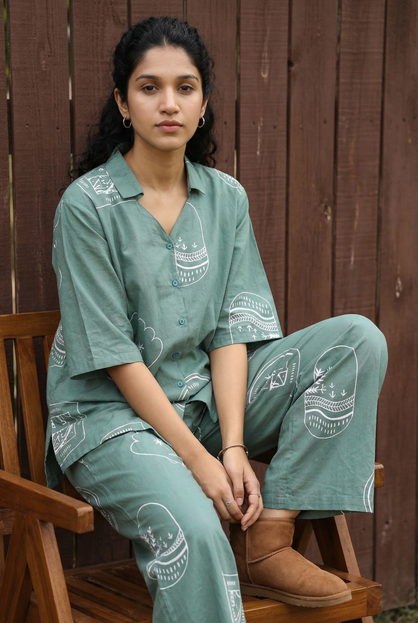 Green Abstract Shirt Collar Pure Cotton Night Suit For Women