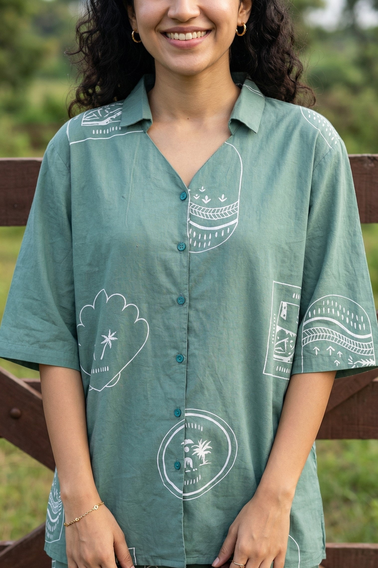 Green Abstract Shirt Collar Pure Cotton Night Suit For Women