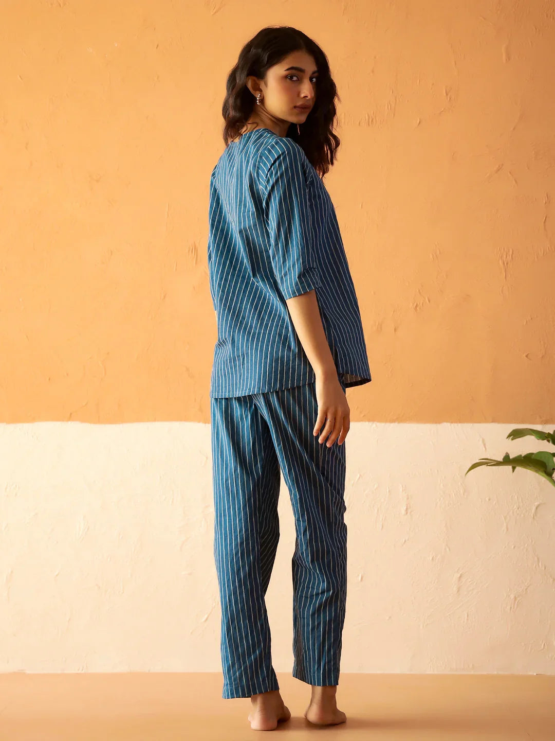 Blue Round Neck Pure Cotton Striped Printed Night Suit for Women - SanskrutiHomes