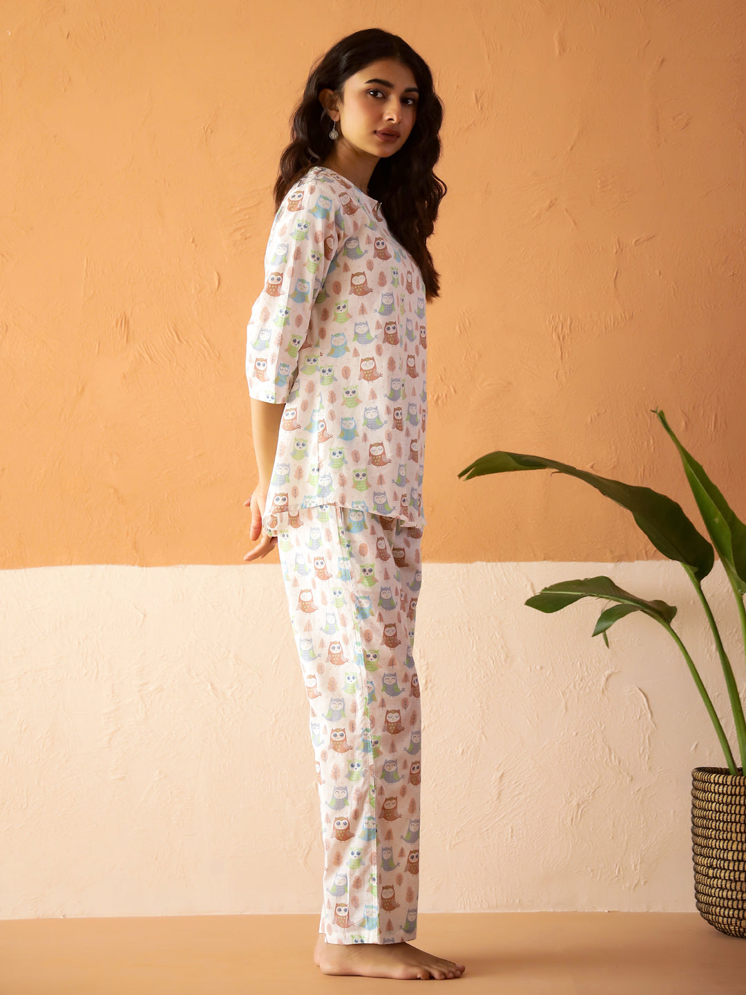 White Round Neck Pure Cotton Animal Printed Night Suit for Women
