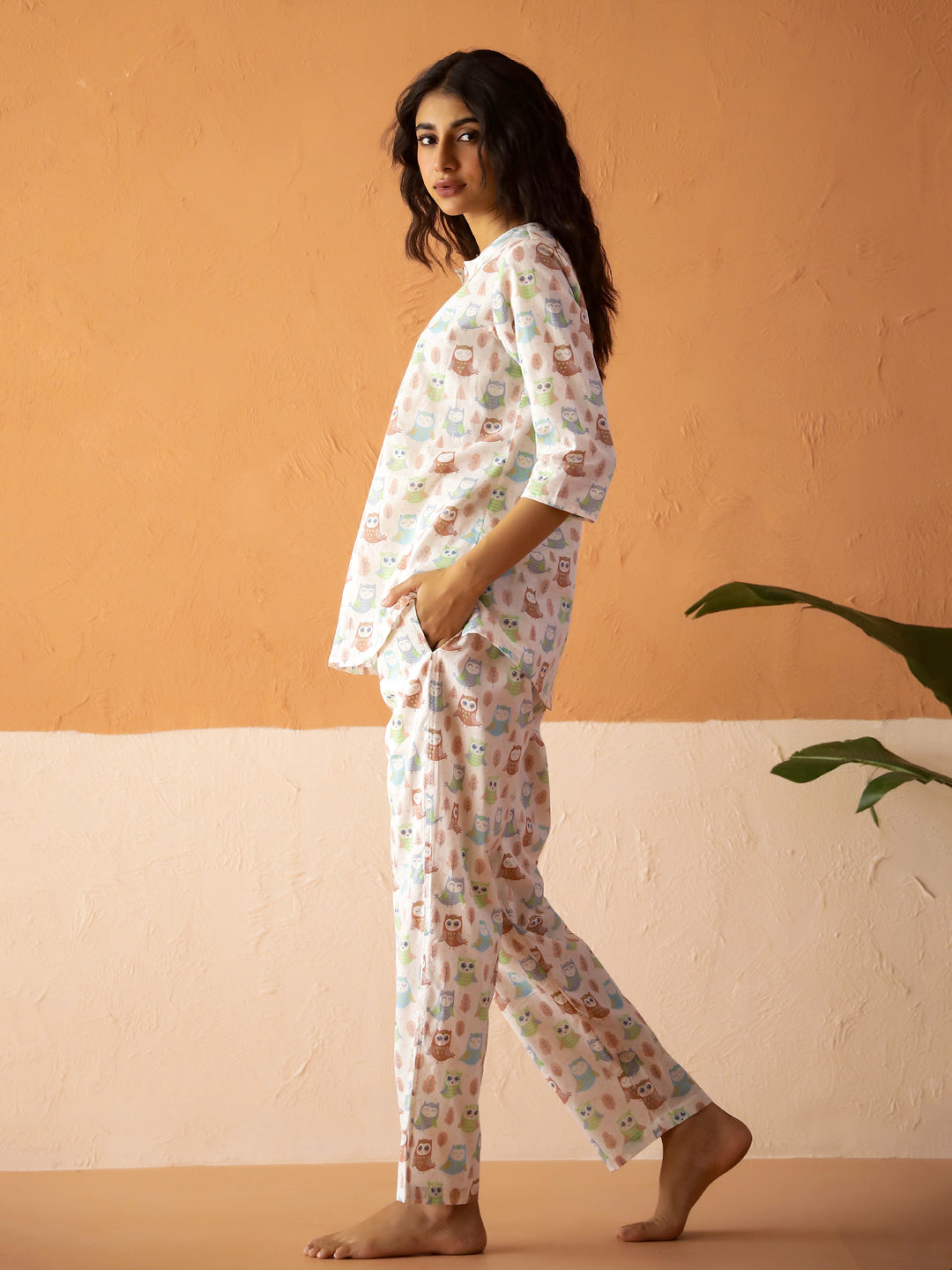 White Round Neck Pure Cotton Animal Printed Night Suit for Women