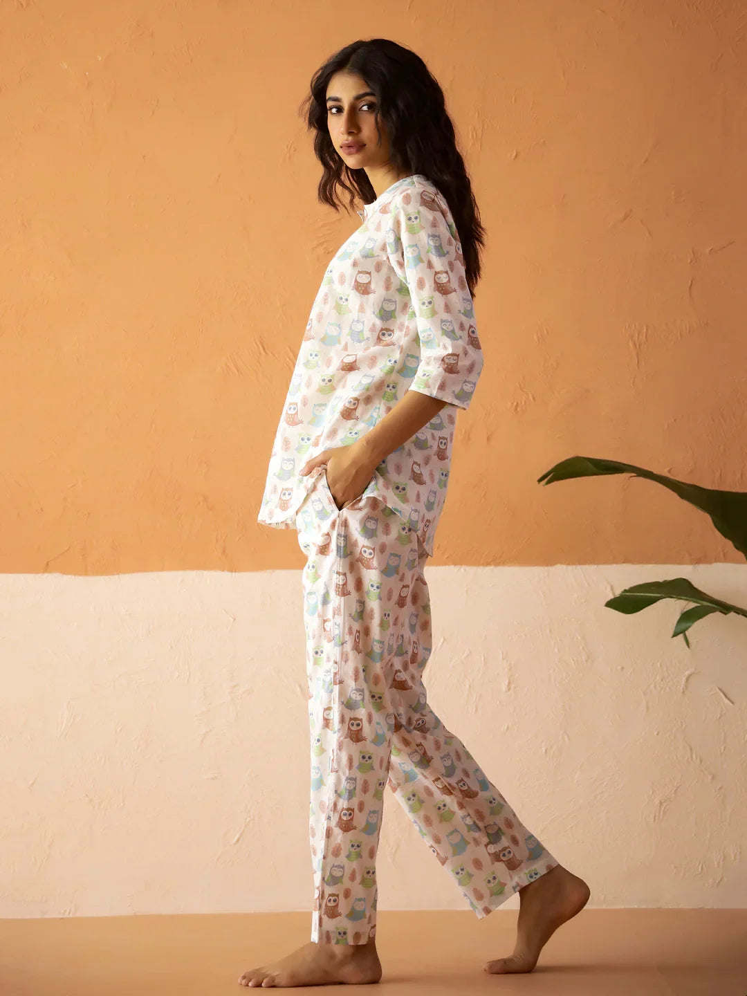 White Round Neck Pure Cotton Animal Printed Night Suit for Women - SanskrutiHomes