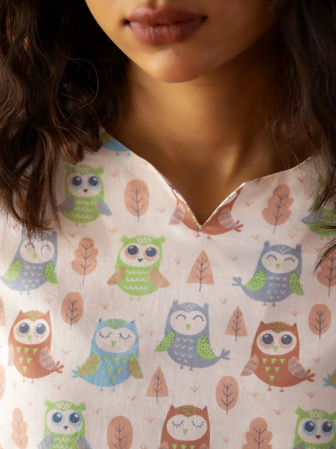 White Round Neck Pure Cotton Animal Printed Night Suit for Women