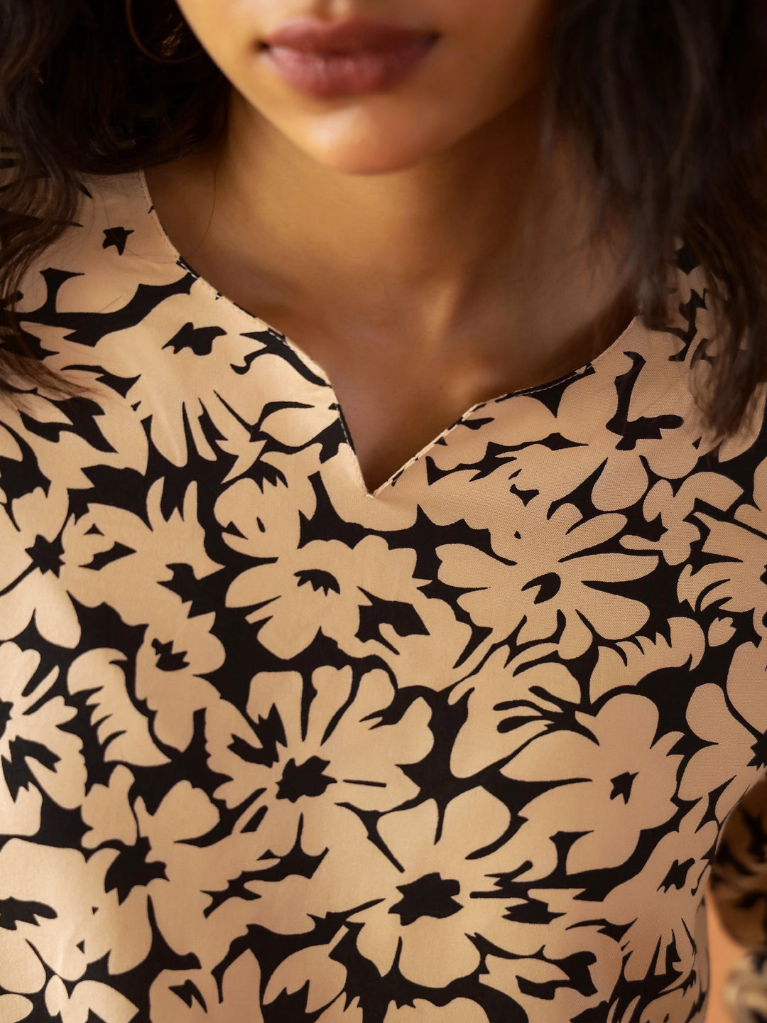 Beige Round Neck Viscose Rayon Printed Floral Night Suit for Women