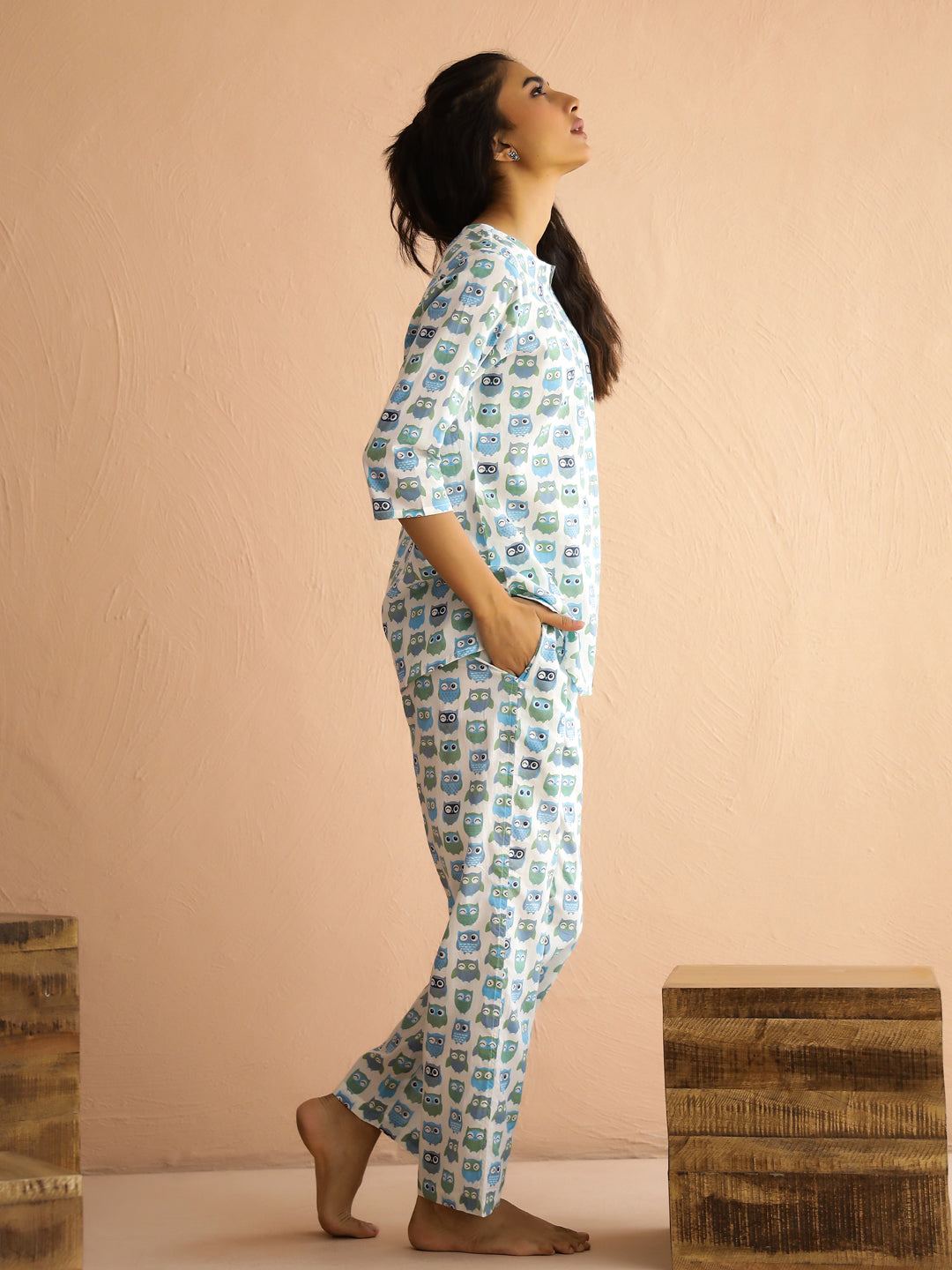 White Round Neck Pure Cotton Printed Animal Night Suit for Women