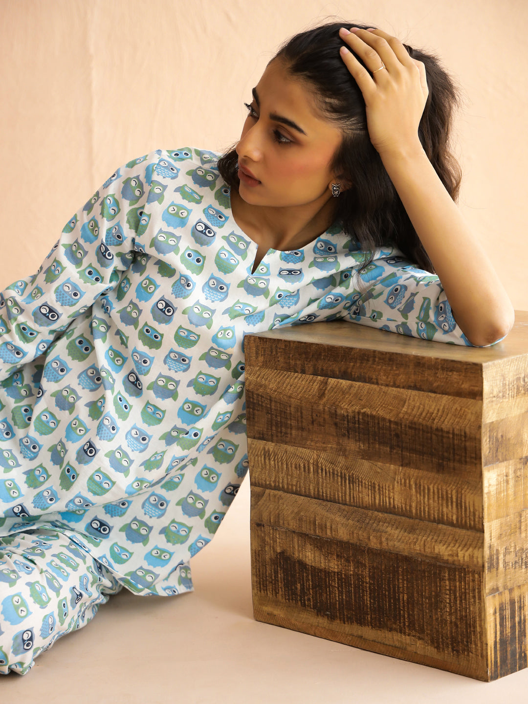 White Round Neck Pure Cotton Printed Animal Night Suit for Women