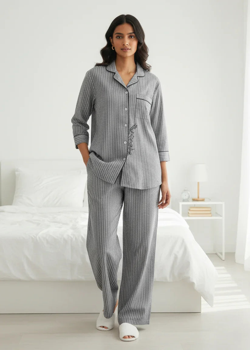 Grey Pure Cotton Striped Print Lapel Collar Night Suit for Women - SanskrutiHomes