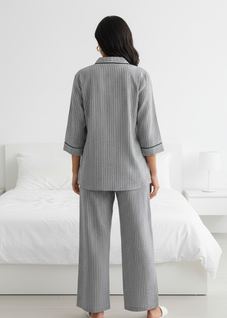 Grey Pure Cotton Striped Print Lapel Collar Night Suit for Women