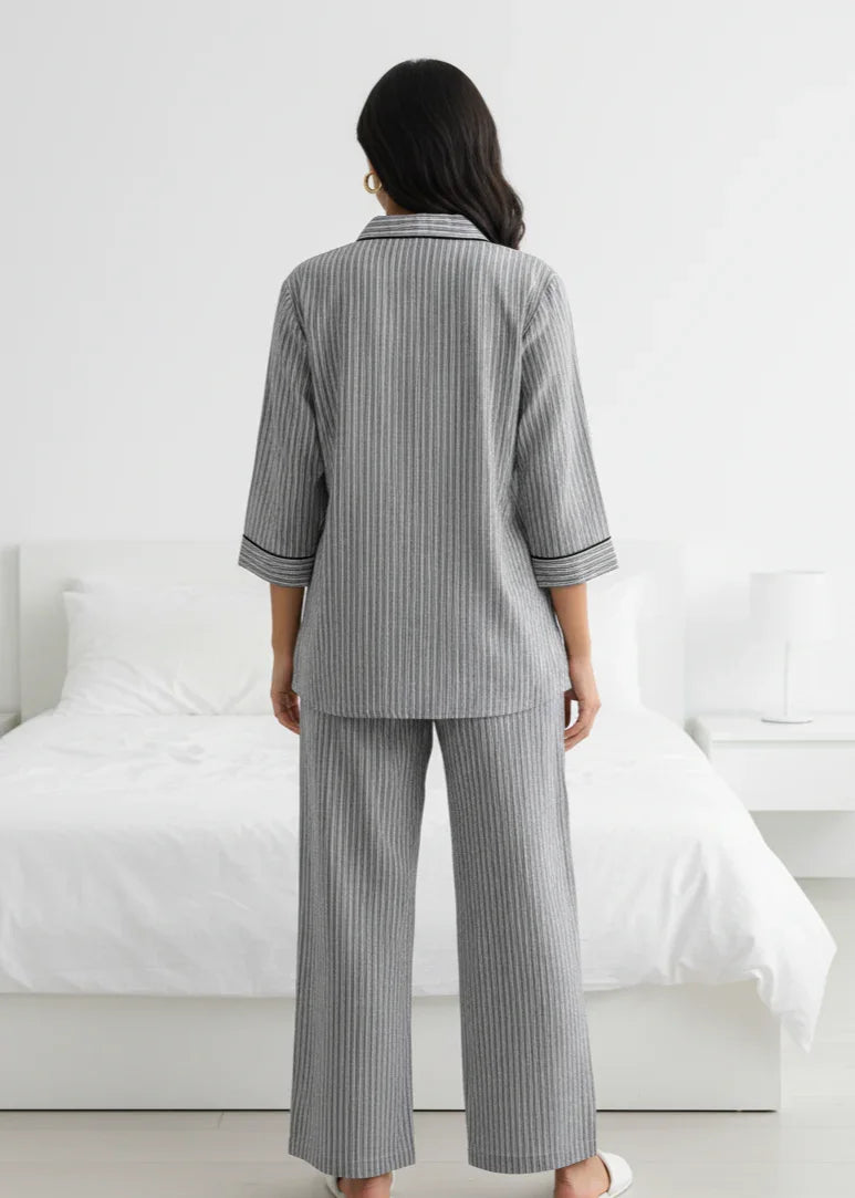 Grey Pure Cotton Striped Print Lapel Collar Night Suit for Women - SanskrutiHomes