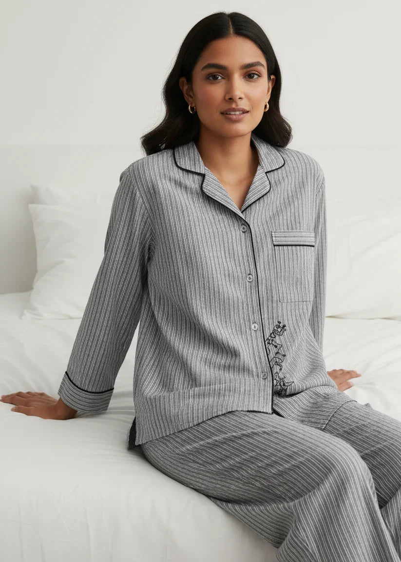 Grey Pure Cotton Striped Print Lapel Collar Night Suit for Women - SanskrutiHomes