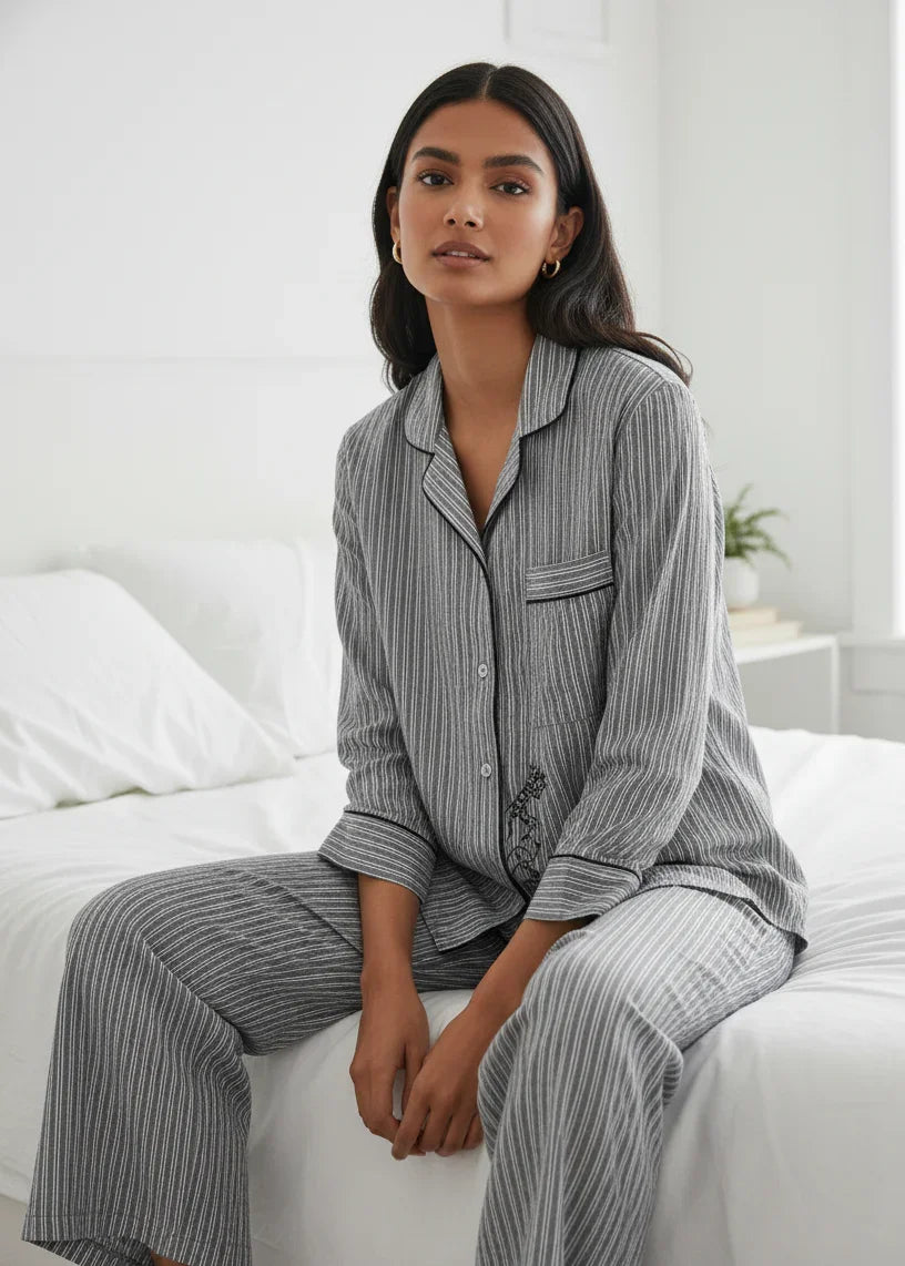 Grey Pure Cotton Striped Print Lapel Collar Night Suit for Women - SanskrutiHomes