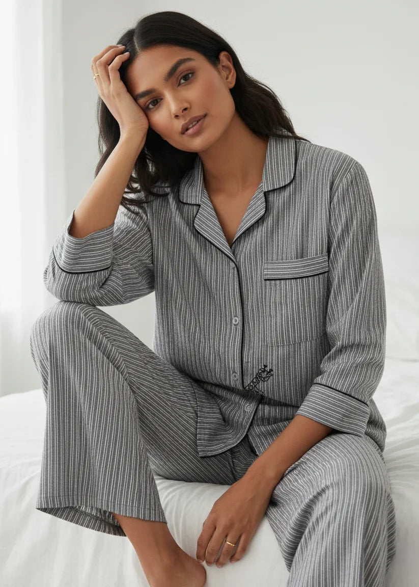 Grey Pure Cotton Striped Print Lapel Collar Night Suit for Women - SanskrutiHomes