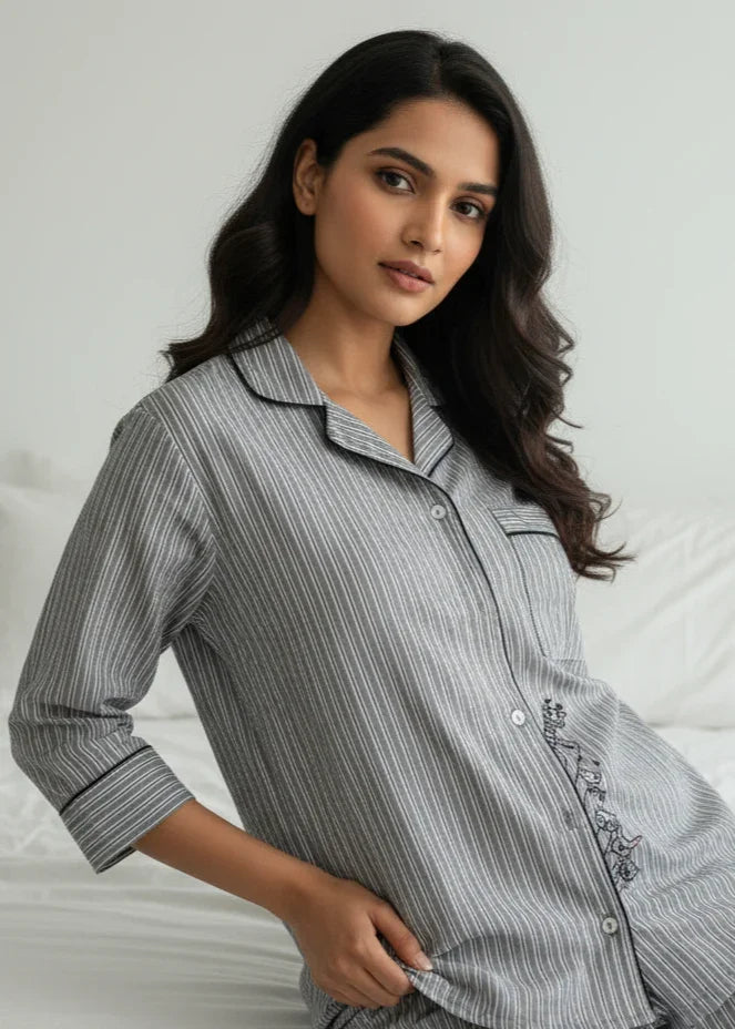 Grey Pure Cotton Striped Print Lapel Collar Night Suit for Women - SanskrutiHomes